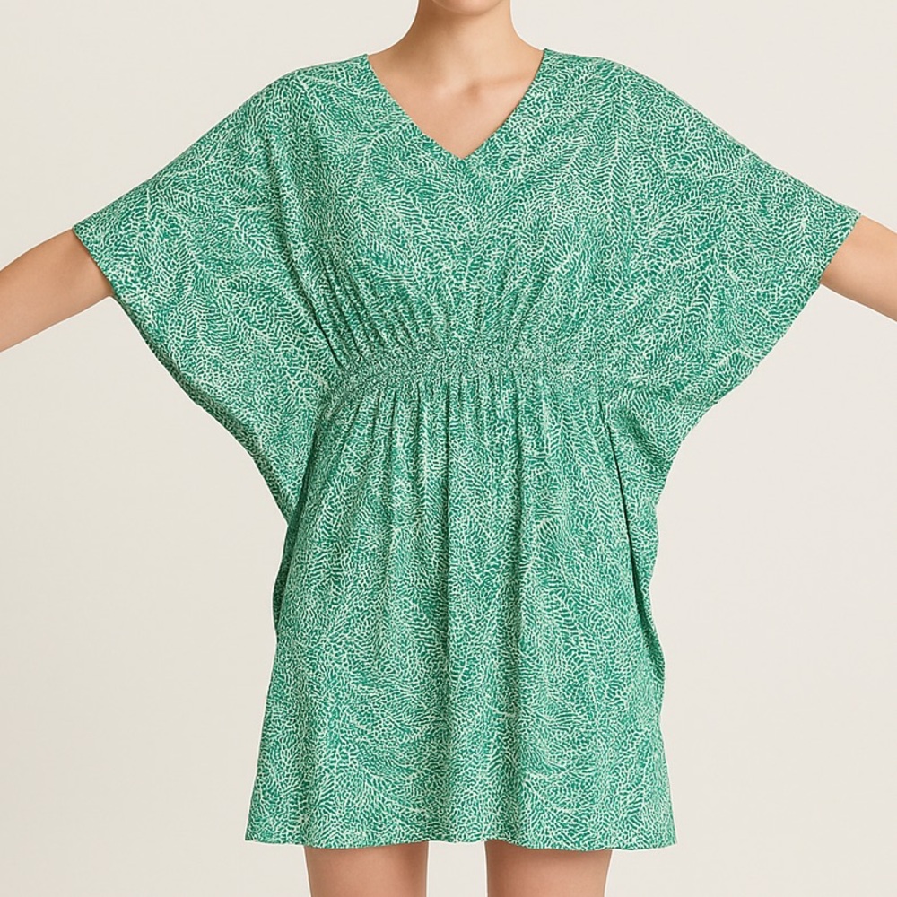 Robbie Bee Green Leaf Print Caftan Dress Batwing Sleeve Smocked Waist L